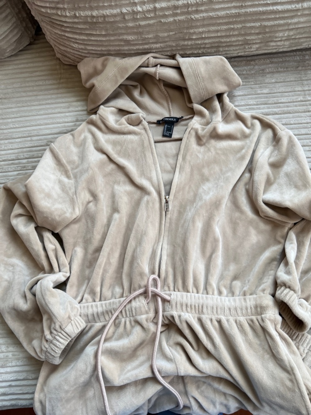 Forever 21 Neutral Beige Plush Hooded Zip Bomber